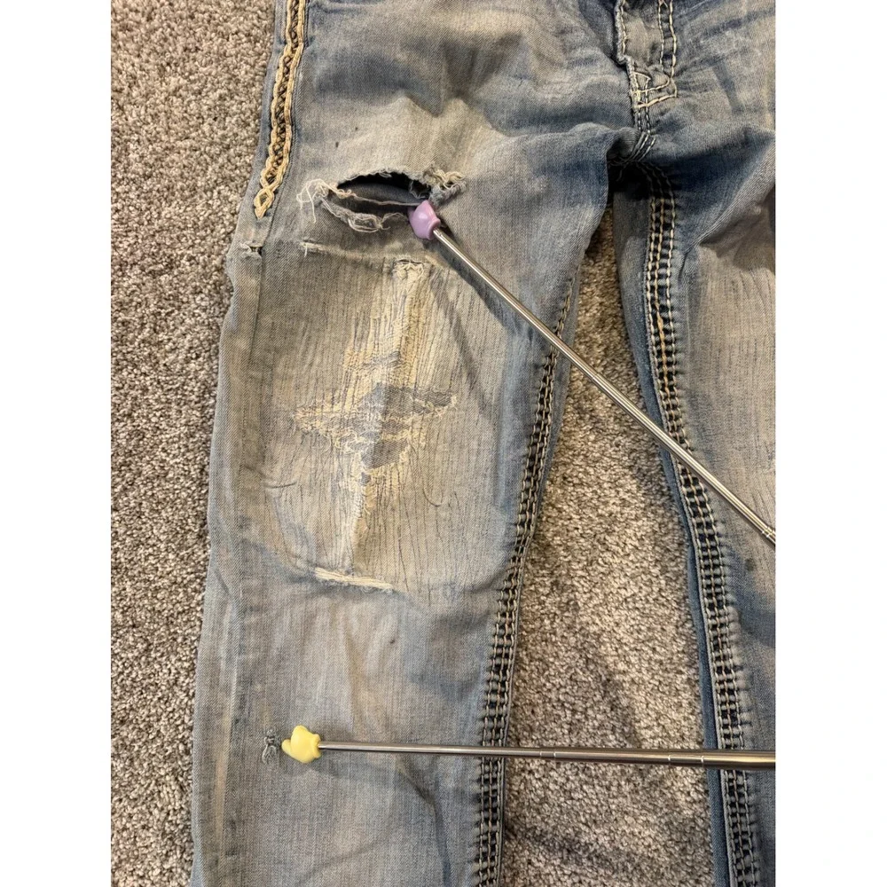 Rock Revival Jeans Men 34 Blue Owen Boot Distressed Ripped Embroidered EP9657BL*